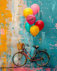 Peinture primitive abstraite de vélo montant avec des ballons