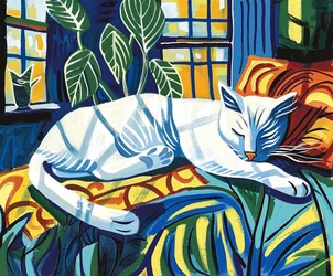 Chat blanc dormant au soleil Matisse