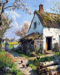 volailles devant une cabane traditionnelle à la campagne