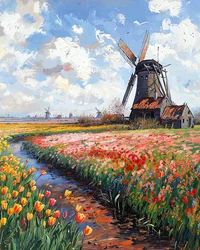 Un moulin à vent en pierre médiéval dans un marais fleuri connecté à l