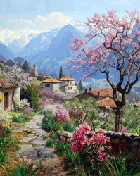 Un beau village entouré de plantes fleuries dans un paysage montagneux