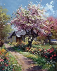 Jardin de maison de campagne au printemps, roses et fleurs