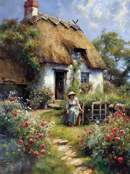 Une femme assise dans un jardin devant une cabane à la campagne
