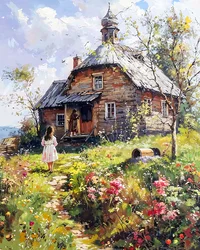 Une fille et sa mère devant une maison en bois