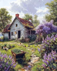 Ferme traditionnelle entourée de fleurs roses