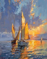 Voiliers en mer au coucher du soleil