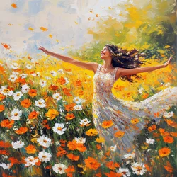 Femme souriant et dansant dans une prairie fleurie
