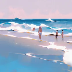 People on the Beach Minimalist Watercolor with Waves, Wall Decor for sale