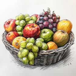une corbeille de fruits, dessin de nature morte simple, impressions d
