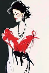 Paris Fashion, Red  black Dress, René Gruau style, French Lady Posing Makeup