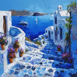 Santorin avec de beaux lampadaires, toile et cadre pour décoration murale