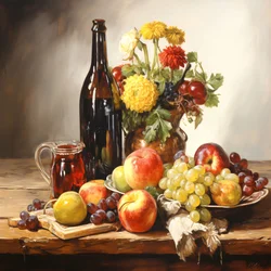 Nature morte, fleurs, fruits et vin, décoration intérieure murale