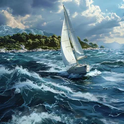 Voilier blanc au bord de la mer, côte croate avec éclairage naturel