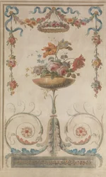 Vase de fleurs reposant sur des volutes feuillagées