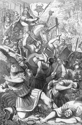 Le chef chérusque Arminius (18 av. J.-C.-21 apr. J.-C.) à la bataille de Teutobourg (Teutoburger Wald ou Teutberg), opposant les Romains aux Germains en 9 apr. J.-C. (Les Chérusques sous Arminius (Hermann) défont les 17e-19e légions romaines commandées