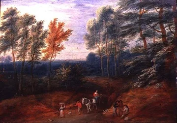 Paysage boisé avec voyageurs dans une charrette de foin