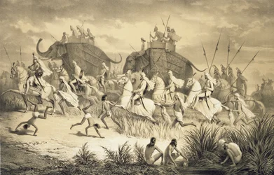Cavalcade de chefs sikhs sur des éléphants, de 