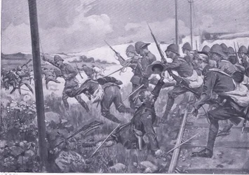 Charge des fusiliers écossais à Frederikstad, illustration de Après Pretoria : La guerre de guérilla, 1902