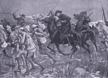 Le traitement des prisonniers de guerre britanniques par De Wet en marche, illustration de Après Pretoria : La Guerre de guérilla