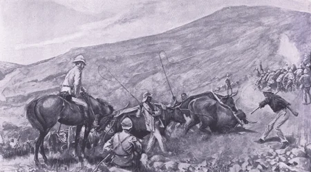 Difficultés de transport à Barberton : Comment les canons et les chariots ont été montés sur les montagnes, illustration de Après Pretoria : La guerre de guérilla, 1902