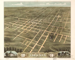 Vue aérienne de la ville de Jackson, comté de Madison, Tennessee 1870. LOC 73694528