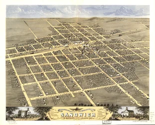 Vue aérienne de la ville de Sandwich, comté de De Kalb, Illinois 1869. LOC 73693372