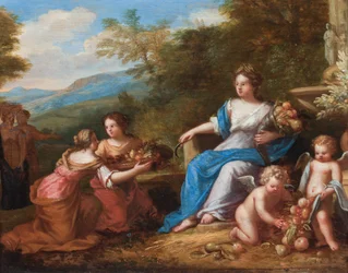 Cérès assise avec des putti présentant des fruits. (huile sur toile)