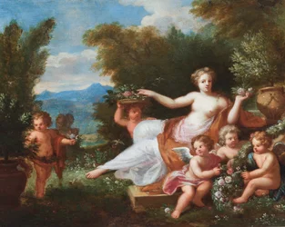Flore allongée dans un paysage avec des putti apportant des fleurs. (huile sur toile)