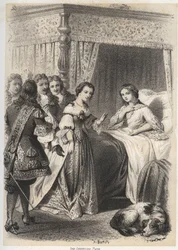 Madame Deshoulières, Antoinette Ligier de La Garde (1637-1694) submergée de questions par son entourage après une nuit passée dans la peur du fantôme. Gravure de A. Duruy dans « Illustrations littéraires de la France ; ou, Galerie anecdotique de nos pr