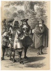 Rencontre à Paris entre Jean Racine (1639-1699) et Pierre Corneille (1606-1684). Gravure de A. Duruy dans « Illustrations littéraires de la France ; ou, Galerie anecdotique de nos principaux auteurs ints par leurs actions et leurs inscriptions » par J.B.