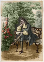 Portrait de Nicolas Boileau (1636-1711) dit Boileau-Despréaux (Boileau Despréaux), écrivain français dans sa maison à Auteuil. Gravure par A. Duruy dans "Illustrations littéraires de la France; ou, Galerie anecdotique de nos principaux auteurs ints par leu