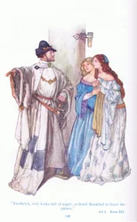 Frédéric, avec des regards de colère, ordonna à Rosalind de quitter le palais (Comme il vous plaira), de Contes de Shakespeare pub. par Ward Lock & Co Ltd