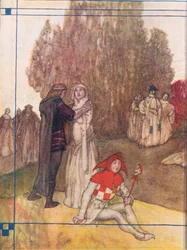 Conception de la couverture intérieure, de Contes de Shakespeare pub. par Ward Lock & Co Ltd, 1930-40s