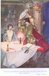 Pettruchio, prétendant trouver à redire à chaque plat, jetait la viande par terre (La Mégère apprivoisée), de Contes de Shakespeare pub. par Ward Lock & Co Ltd