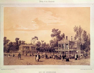 Vue du Café des Ambassadeurs sur les Champs-Élysées à Paris. Lithographie d