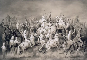 Chir Singh, Maharajah des Sikhs et roi du Pendjab avec sa suite chassant près de Lahore, 1859