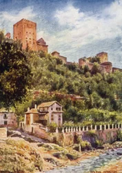 Grenade, Villas sur les Rives du Darro (lithographie en couleur)