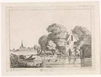 Pêcheur et une femme devant une maison