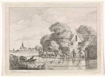 Pêcheur et une femme devant une maison