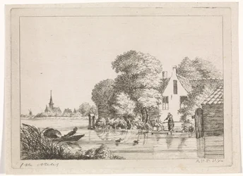 Pêcheur et une femme devant une maison
