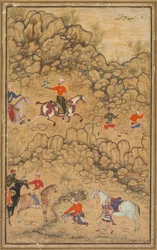 Chasse au faucon dans un paysage, Verso : Calligraphie de poèmes turcs chaghataï..., vers 1558-60
