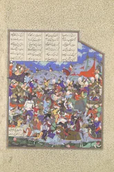 La bataille de Pashan commence, Folio 243v du Shahnama Livre des Rois, vers 1530-35