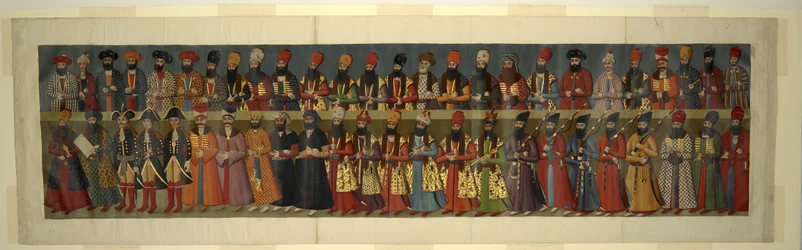 Or. 1242 Copie de la Grande Fresque au Palais de Nigaristan. La Cour de Fath Ali Shah avec les Envoyés Britanniques Sir John Malcolm, Sir Harford Jones Brydges, et Sir Gore Ouseley