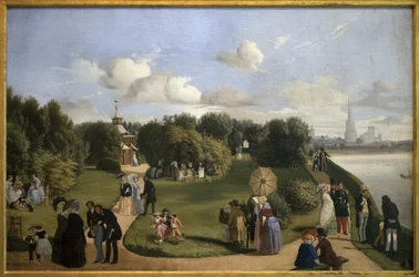 Vue de La Rochelle (jardin des bains Marie-Thérèse). Personnages de la bourgeoisie dans un parc: couple causant sur un banc, hommes saluant des dames, enfant jouant au cerceau. Peinture d