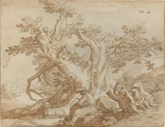 Paysage avec figure assise et chien