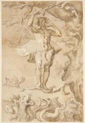 La fragilité du bonheur humain. Un homme poursuivi par un dragon s