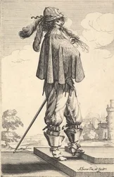 Un gentleman portant un manteau court, un casque et des bottes avec éperons, debout sur les marches et..., 1629