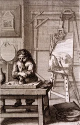Un apprenti artiste nettoyant une plaque de gravure, de 