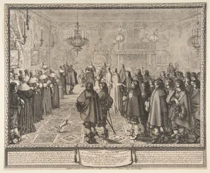 Cérémonie du contrat de mariage entre Ladislas IV, roi de Pologne, et Marie-Louise de Gonzague, princesse de Mantoue, à Fontainebleau