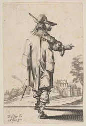 Gentilhomme vu de dos pointant vers un château, 1629